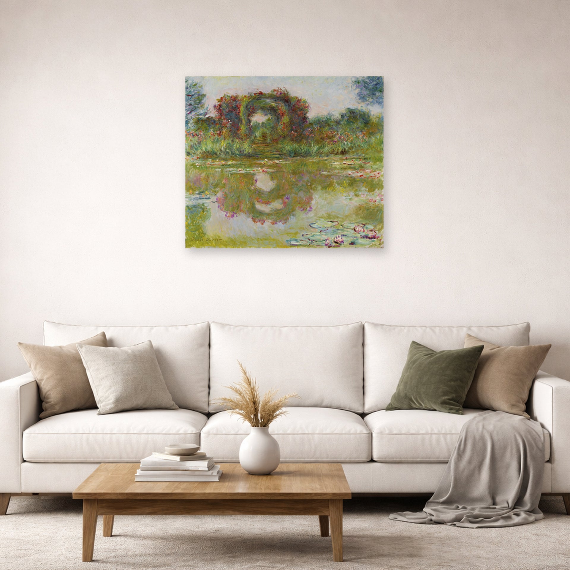 Unframed poster print of Claude Monet's 'Rose Arches at Giverny' displayed on a wall in a living room