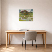 Unframed poster print of Claude Monet's 'Rose Arches at Giverny' displayed on a wall in a office