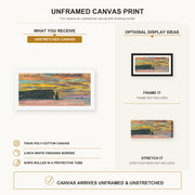 Claude Monet - Sunset canvas print size comparison and framing display infographic