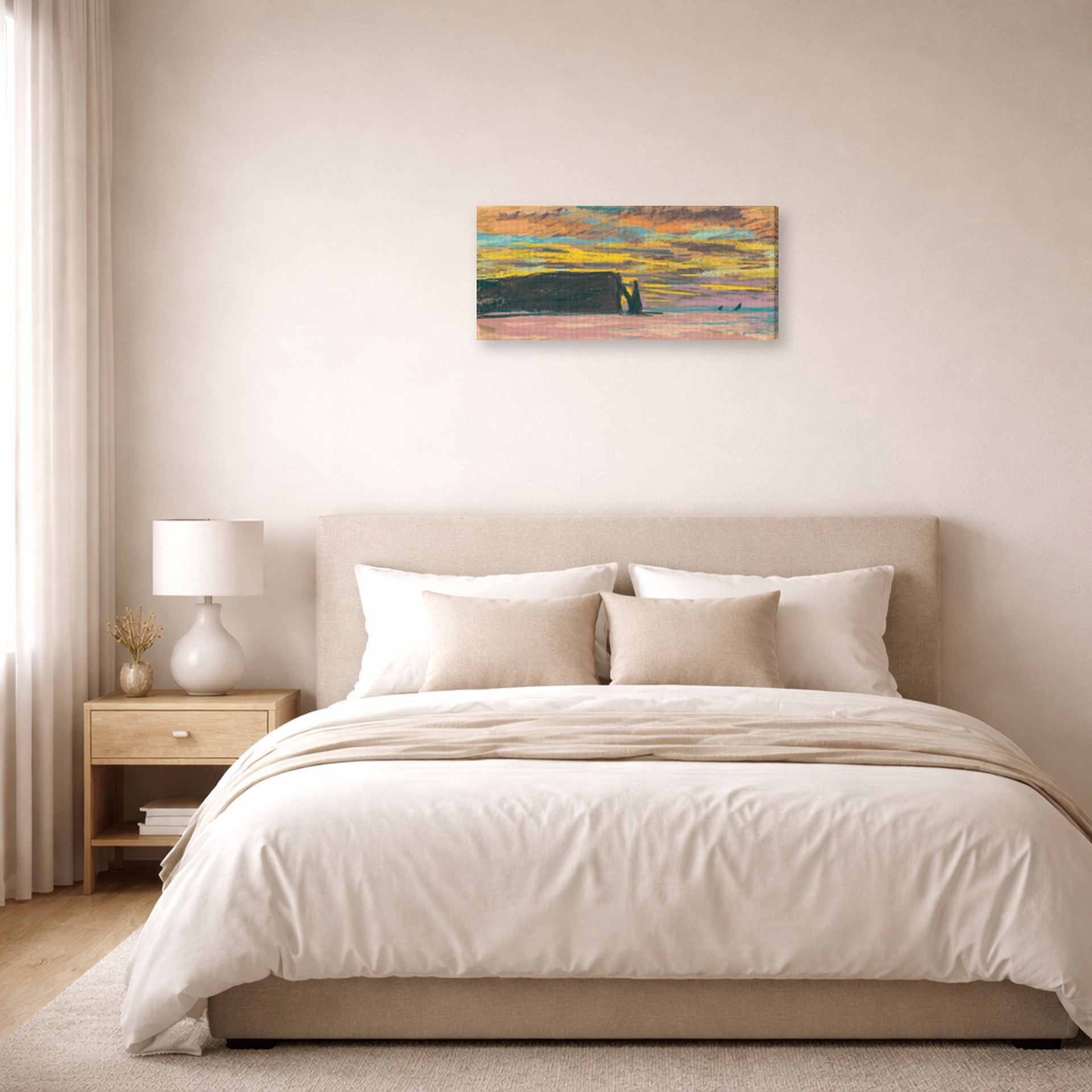 Gallery-wrapped canvas print of Claude Monet's 'Sunset' displayed on a wall in a bedroom