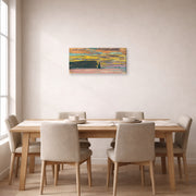 Gallery-wrapped canvas print of Claude Monet's 'Sunset' displayed on a wall in a dining room