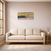 Gallery-wrapped canvas print of Claude Monet's 'Sunset' displayed on a wall in a living room