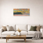 Gallery-wrapped canvas print of Claude Monet's 'Sunset' displayed on a wall in a living room