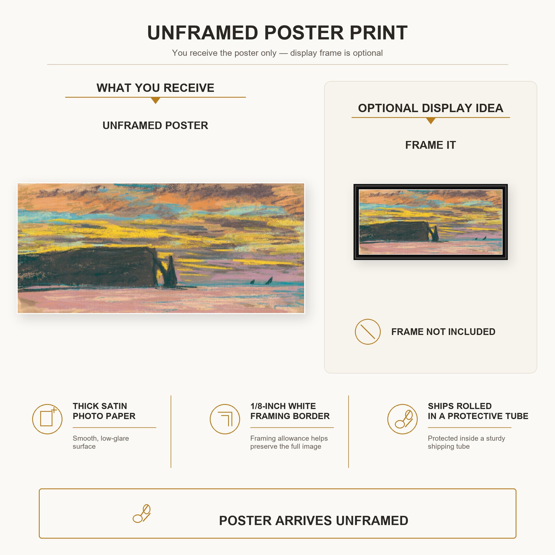 Claude Monet - Sunset poster print size comparison and framing display infographic