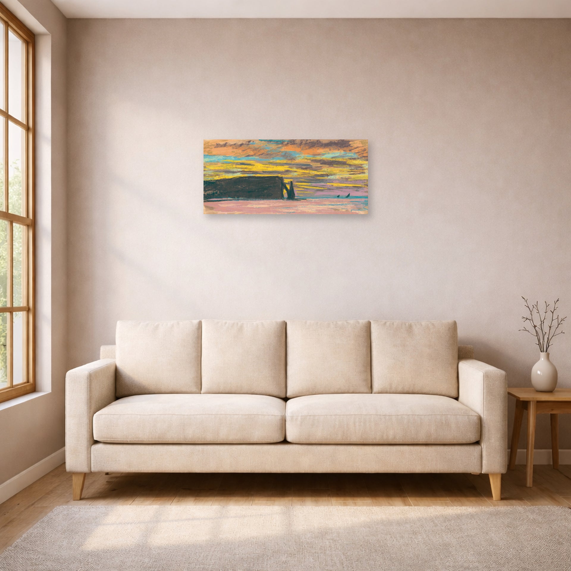 Unframed poster print of Claude Monet's 'Sunset' displayed on a wall in a living room