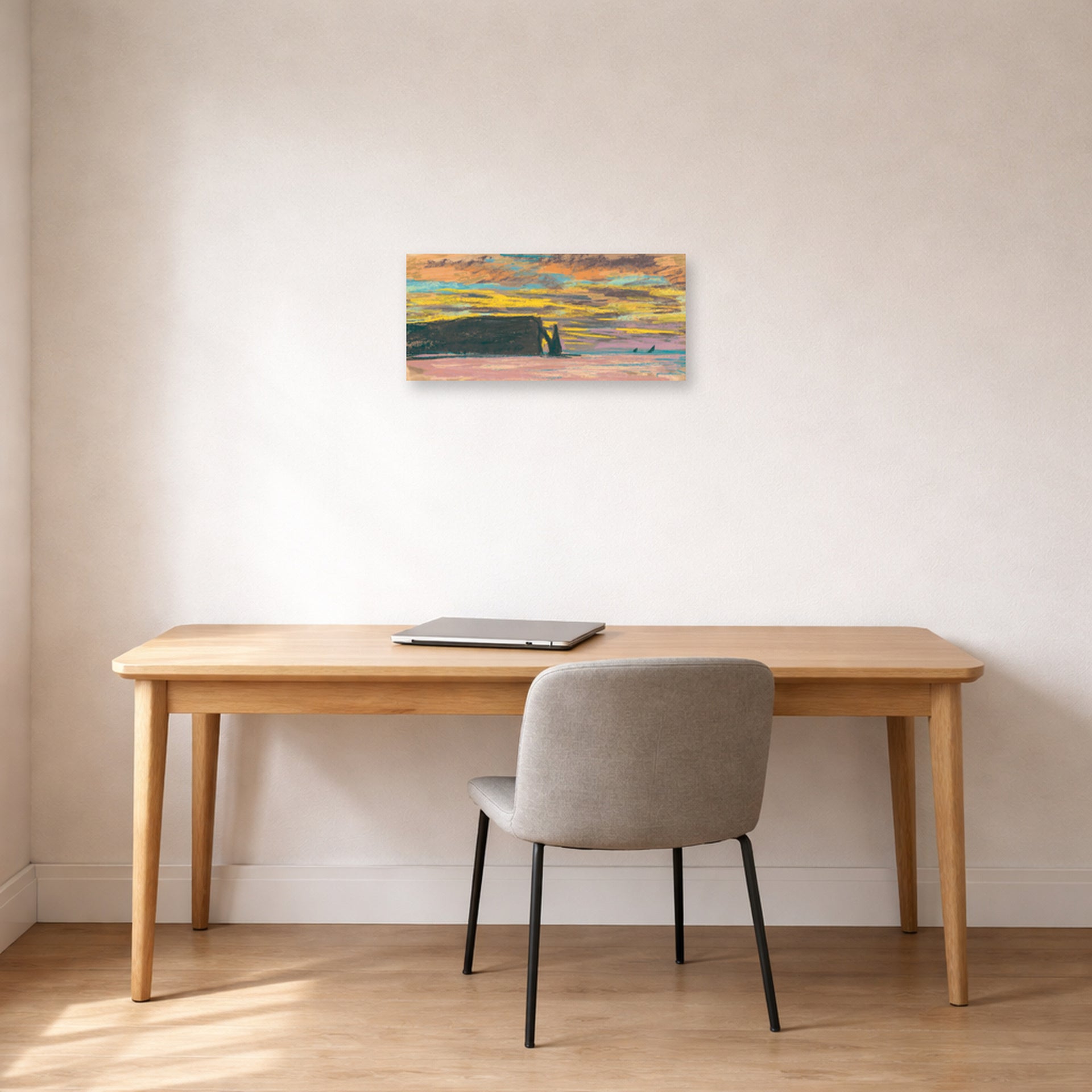 Unframed poster print of Claude Monet's 'Sunset' displayed on a wall in a office