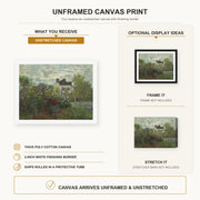 Claude Monet - The Artist's Garden in Argenteuil (a Corner of the Garden with Dahlias) canvas print size comparison and framing display infographic