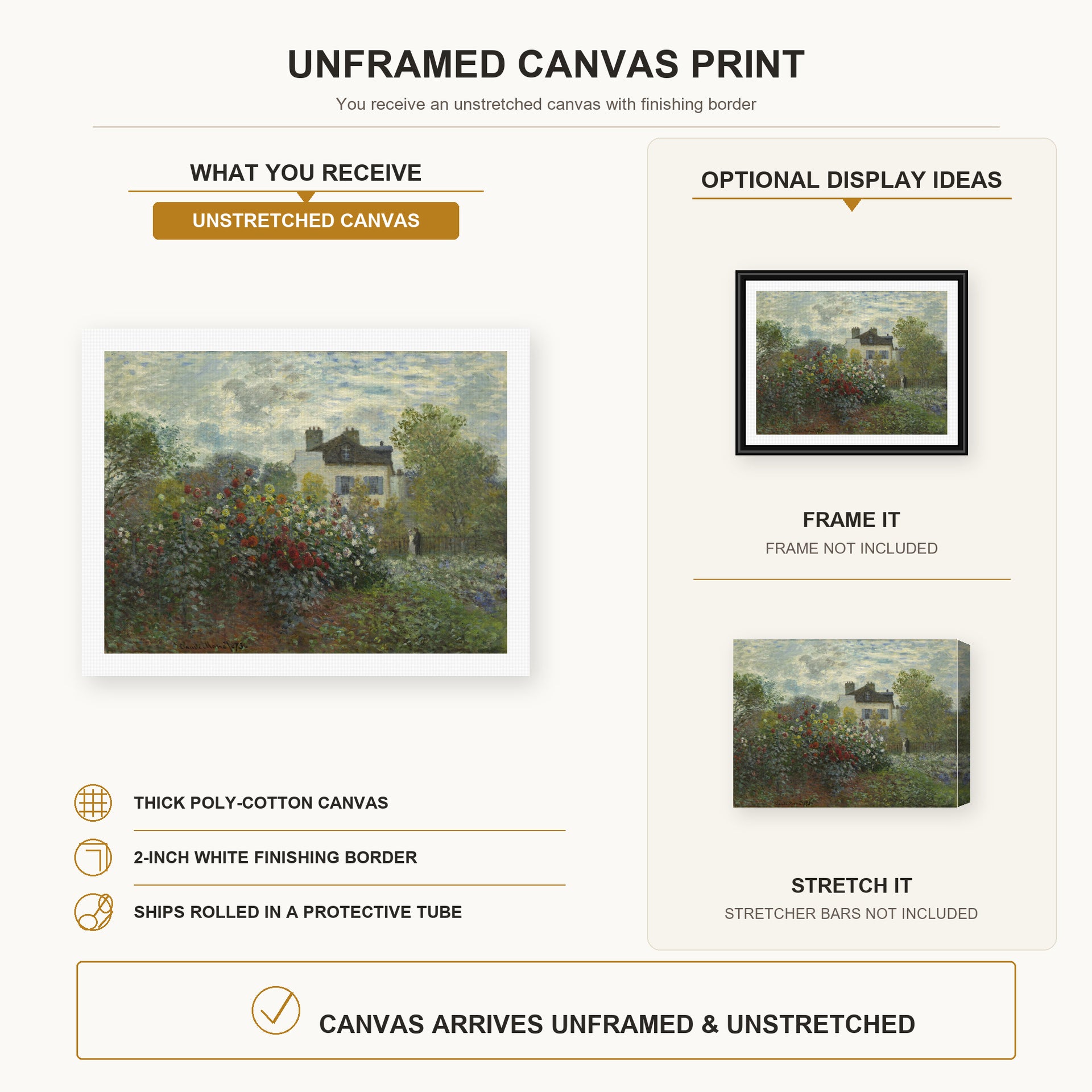 Claude Monet - The Artist's Garden in Argenteuil (a Corner of the Garden with Dahlias) canvas print size comparison and framing display infographic