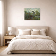 Gallery-wrapped canvas print of Claude Monet's 'The Artist's Garden in Argenteuil (a Corner of the Garden with Dahlias)' displayed on a wall in a bedroom