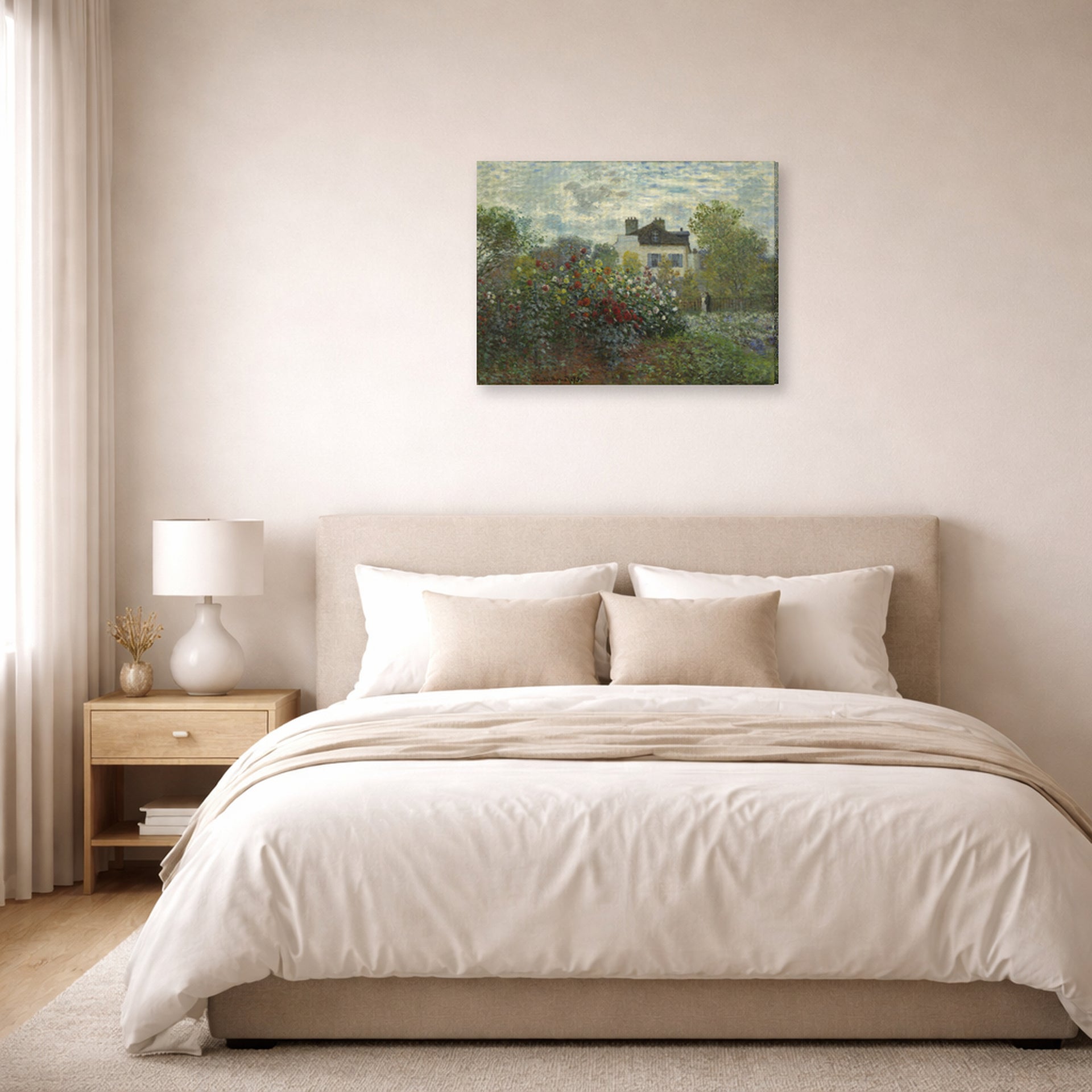 Gallery-wrapped canvas print of Claude Monet's 'The Artist's Garden in Argenteuil (a Corner of the Garden with Dahlias)' displayed on a wall in a bedroom
