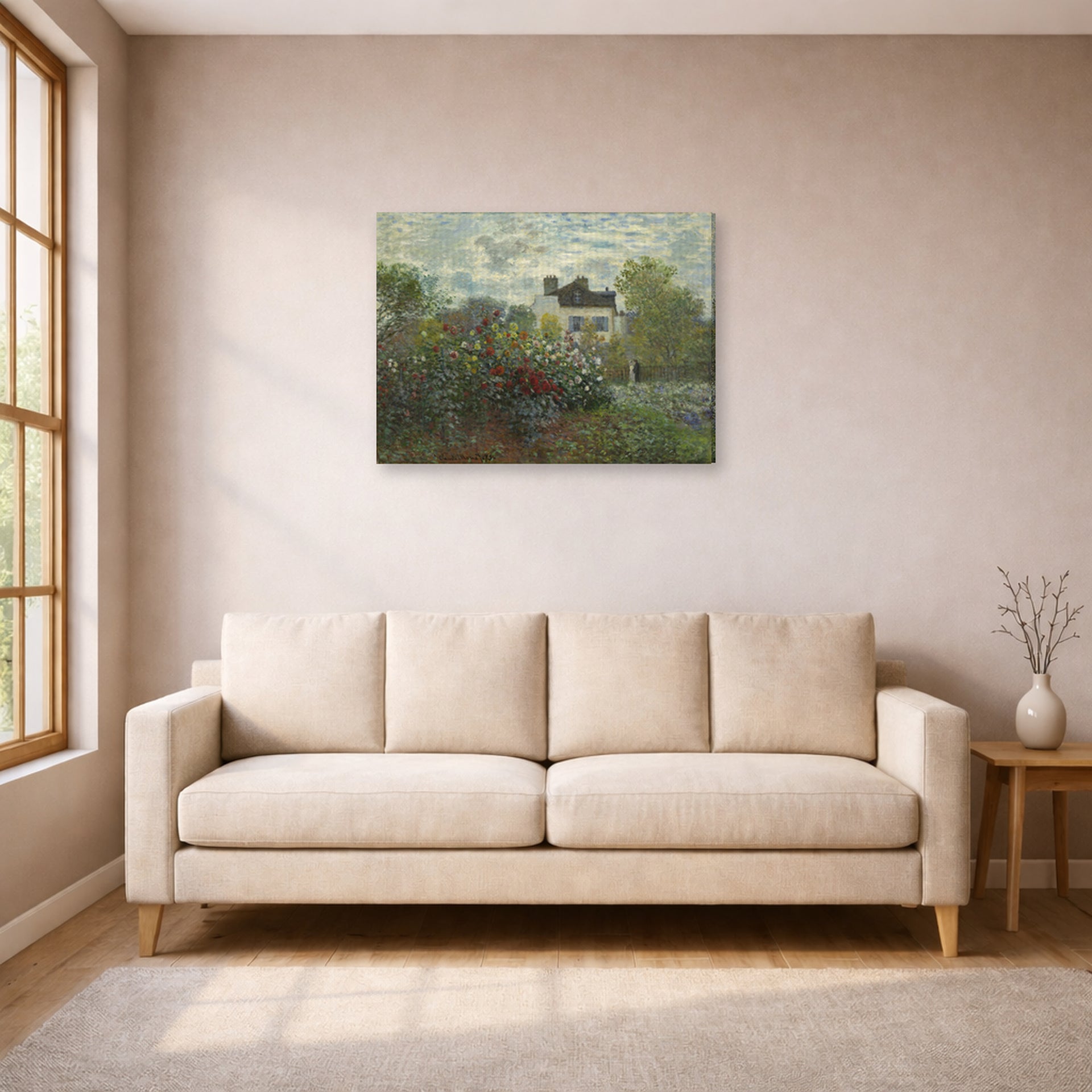Gallery-wrapped canvas print of Claude Monet's 'The Artist's Garden in Argenteuil (a Corner of the Garden with Dahlias)' displayed on a wall in a living room
