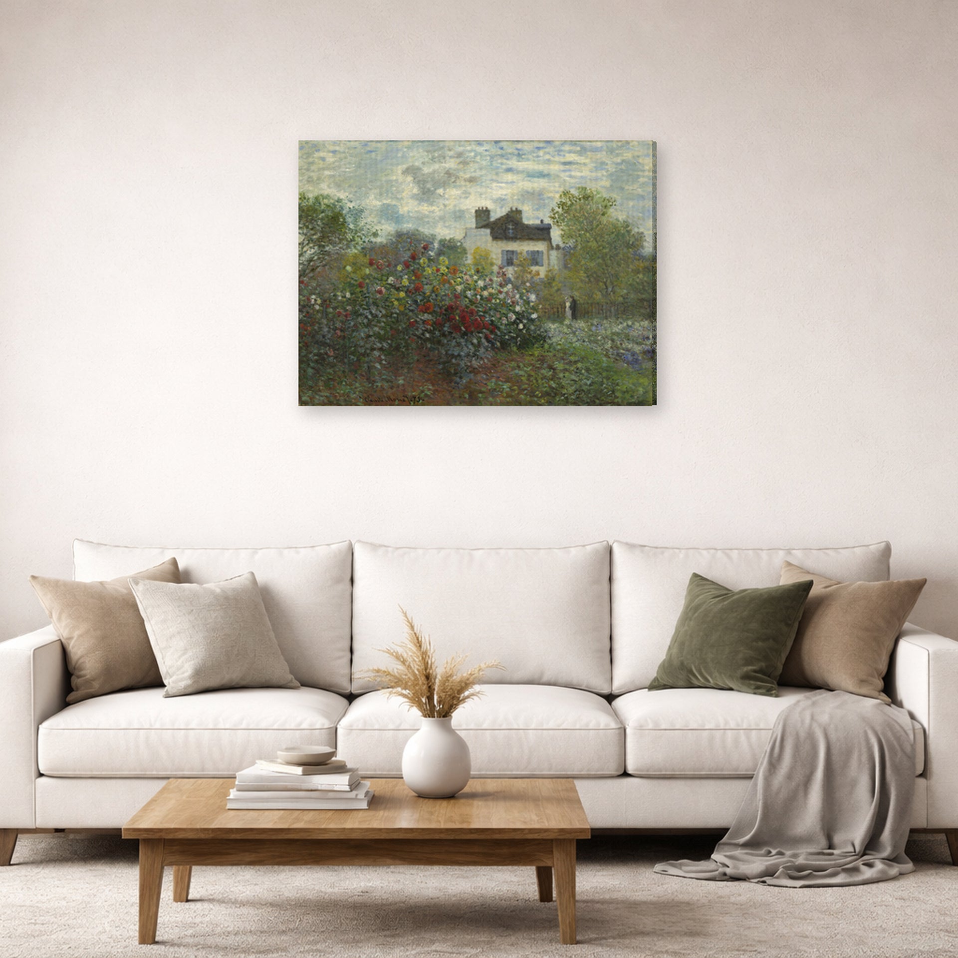 Gallery-wrapped canvas print of Claude Monet's 'The Artist's Garden in Argenteuil (a Corner of the Garden with Dahlias)' displayed on a wall in a living room