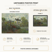 Claude Monet - The Artist's Garden in Argenteuil (a Corner of the Garden with Dahlias) poster print size comparison and framing display infographic