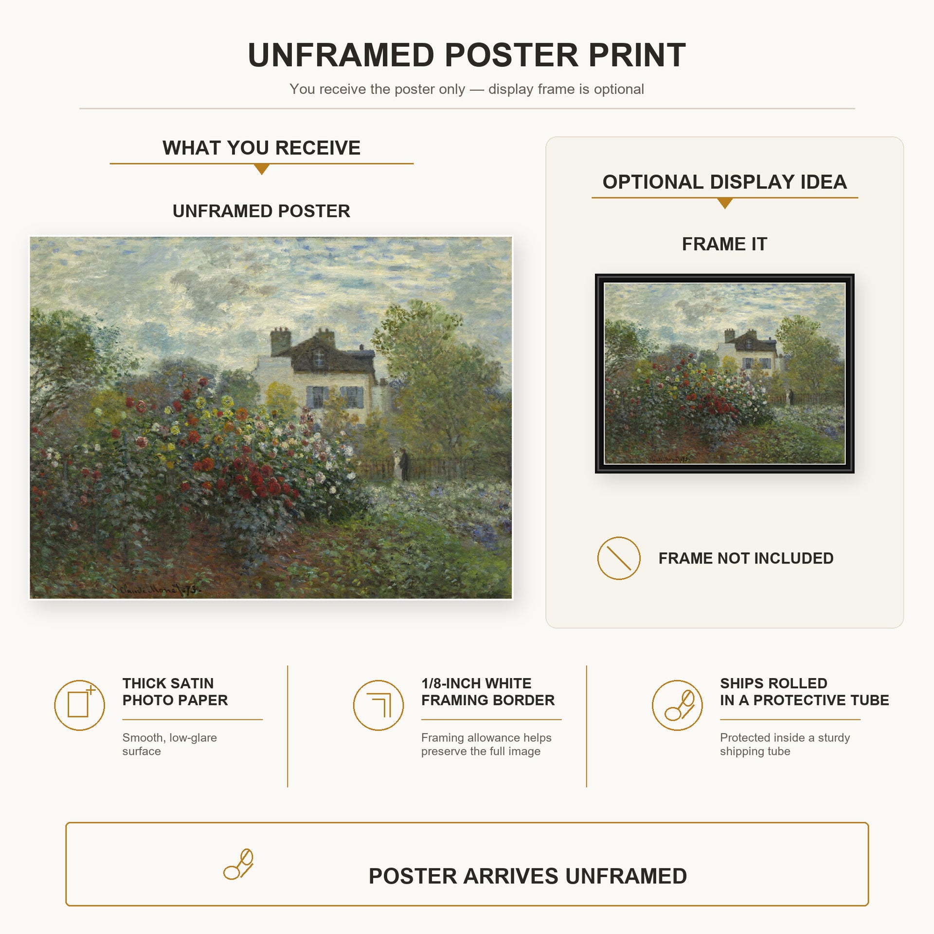 Claude Monet - The Artist's Garden in Argenteuil (a Corner of the Garden with Dahlias) poster print size comparison and framing display infographic