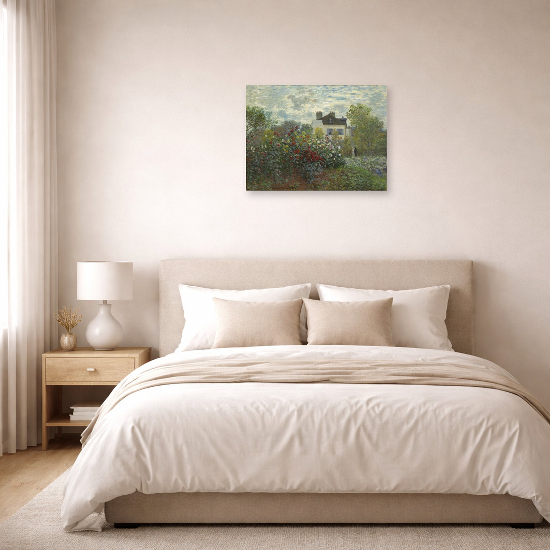 Unframed poster print of Claude Monet's 'The Artist's Garden in Argenteuil (a Corner of the Garden with Dahlias)' displayed on a wall in a bedroom