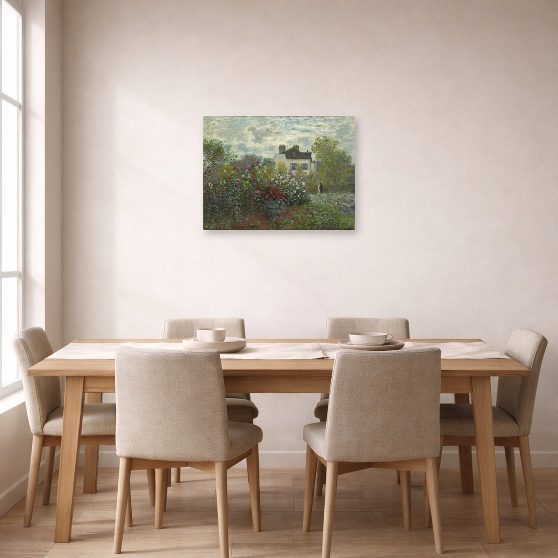 Unframed poster print of Claude Monet's 'The Artist's Garden in Argenteuil (a Corner of the Garden with Dahlias)' displayed on a wall in a dining room