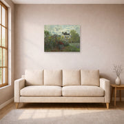 Unframed poster print of Claude Monet's 'The Artist's Garden in Argenteuil (a Corner of the Garden with Dahlias)' displayed on a wall in a living room