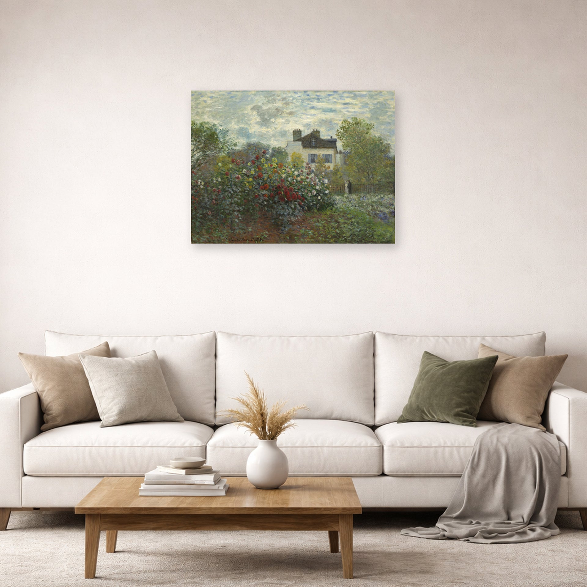 Unframed poster print of Claude Monet's 'The Artist's Garden in Argenteuil (a Corner of the Garden with Dahlias)' displayed on a wall in a living room