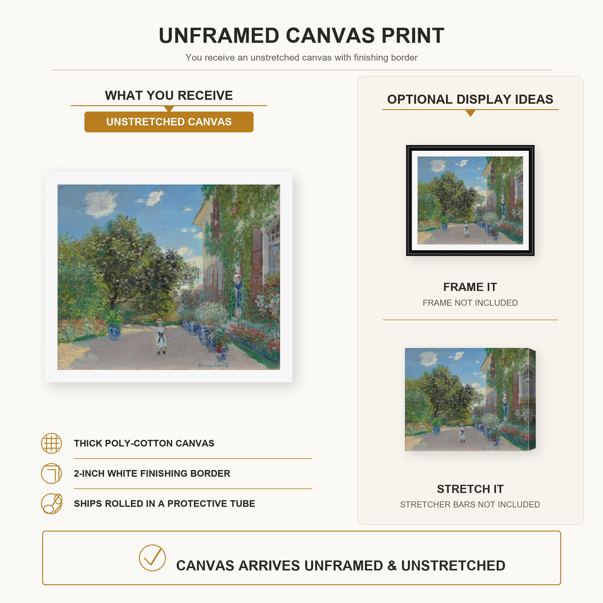 Claude Monet - The Artist's House at Argenteuil canvas print size comparison and framing display infographic