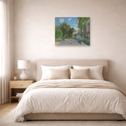 Gallery-wrapped canvas print of Claude Monet's 'The Artist's House at Argenteuil' displayed on a wall in a bedroom