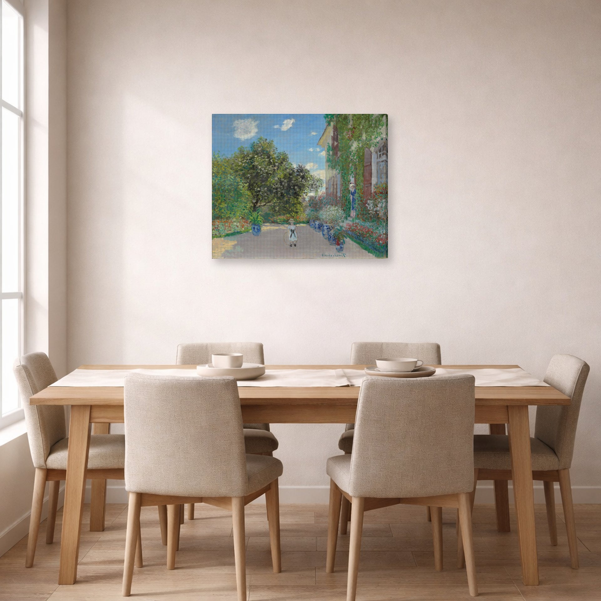 Gallery-wrapped canvas print of Claude Monet's 'The Artist's House at Argenteuil' displayed on a wall in a dining room