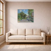 Gallery-wrapped canvas print of Claude Monet's 'The Artist's House at Argenteuil' displayed on a wall in a living room