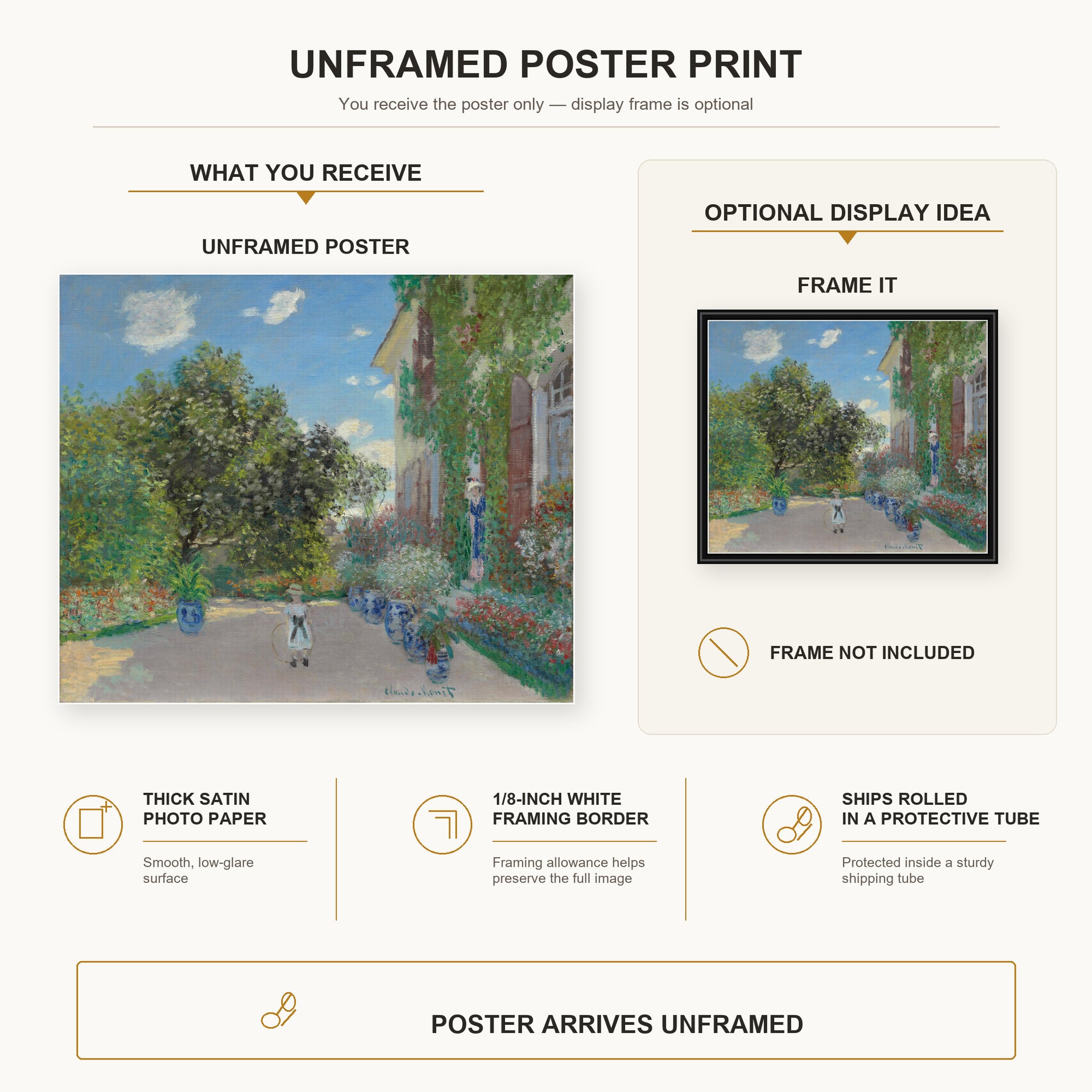 Claude Monet - The Artist's House at Argenteuil poster print size comparison and framing display infographic