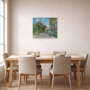 Unframed poster print of Claude Monet's 'The Artist's House at Argenteuil' displayed on a wall in a dining room