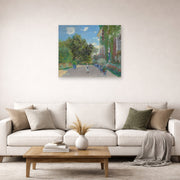 Unframed poster print of Claude Monet's 'The Artist's House at Argenteuil' displayed on a wall in a living room