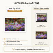 Claude Monet - The Artists Garden at Giverny canvas print size comparison and framing display infographic