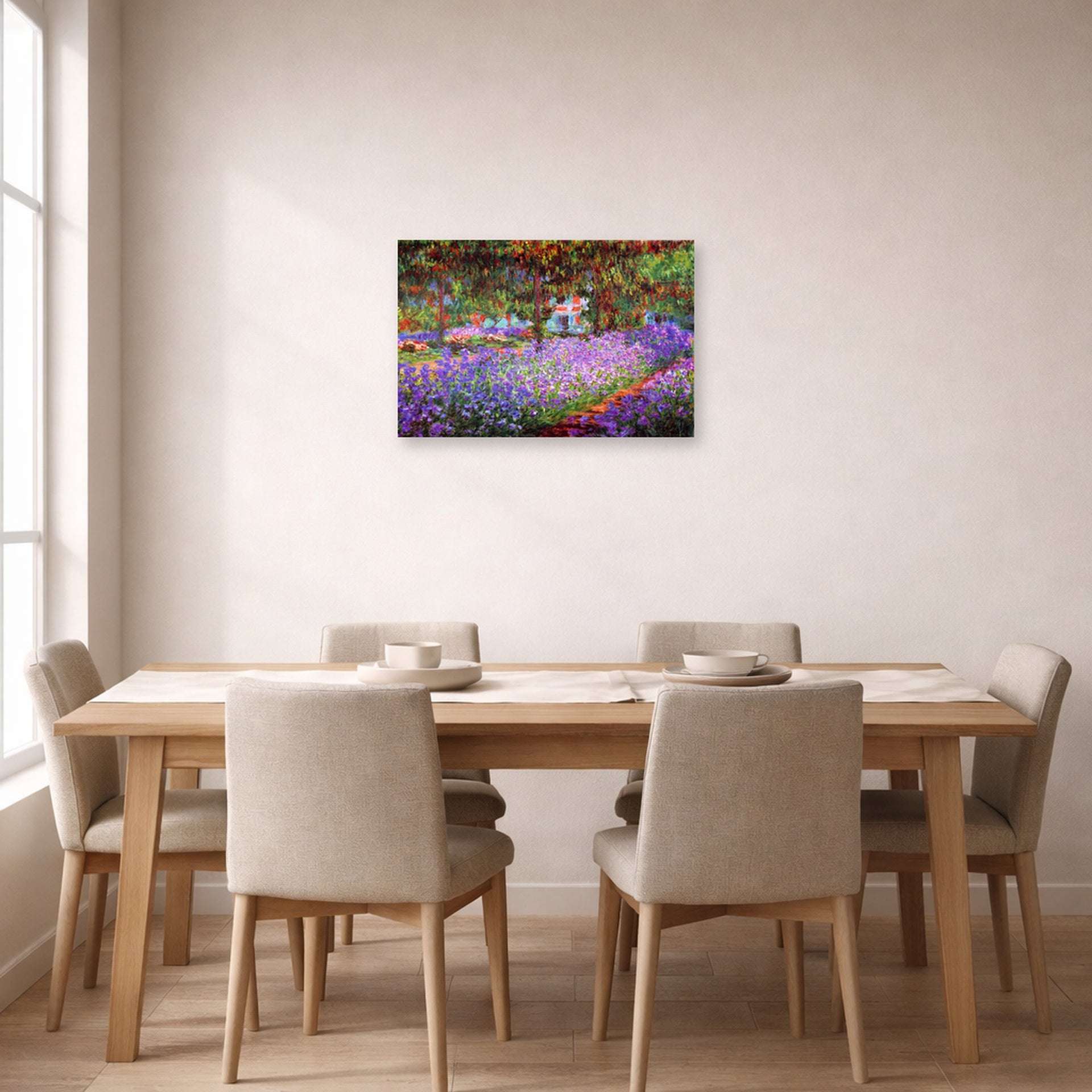 Unframed poster print of Claude Monet's 'The Artists Garden at Giverny' displayed on a wall in a dining room
