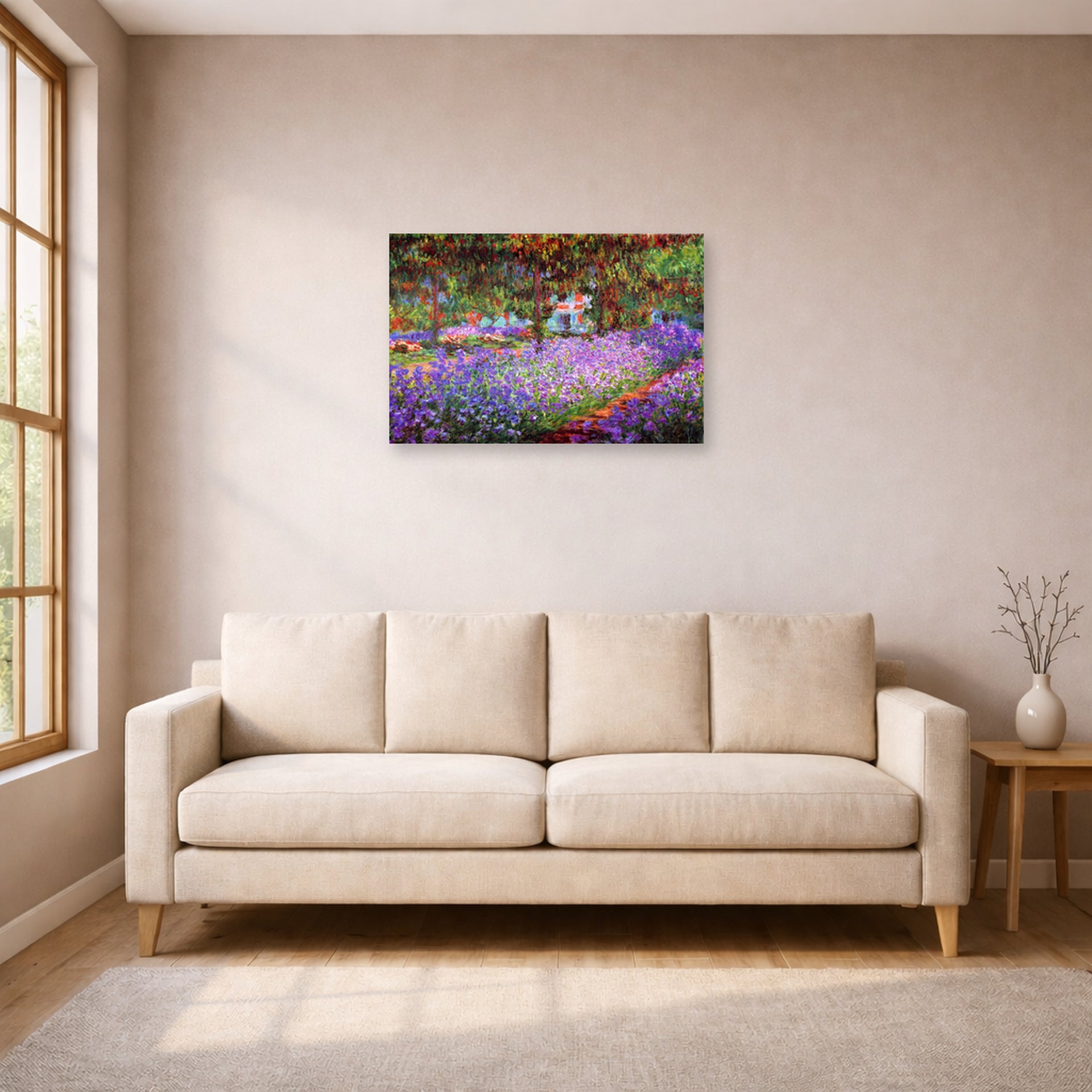 Unframed poster print of Claude Monet's 'The Artists Garden at Giverny' displayed on a wall in a living room