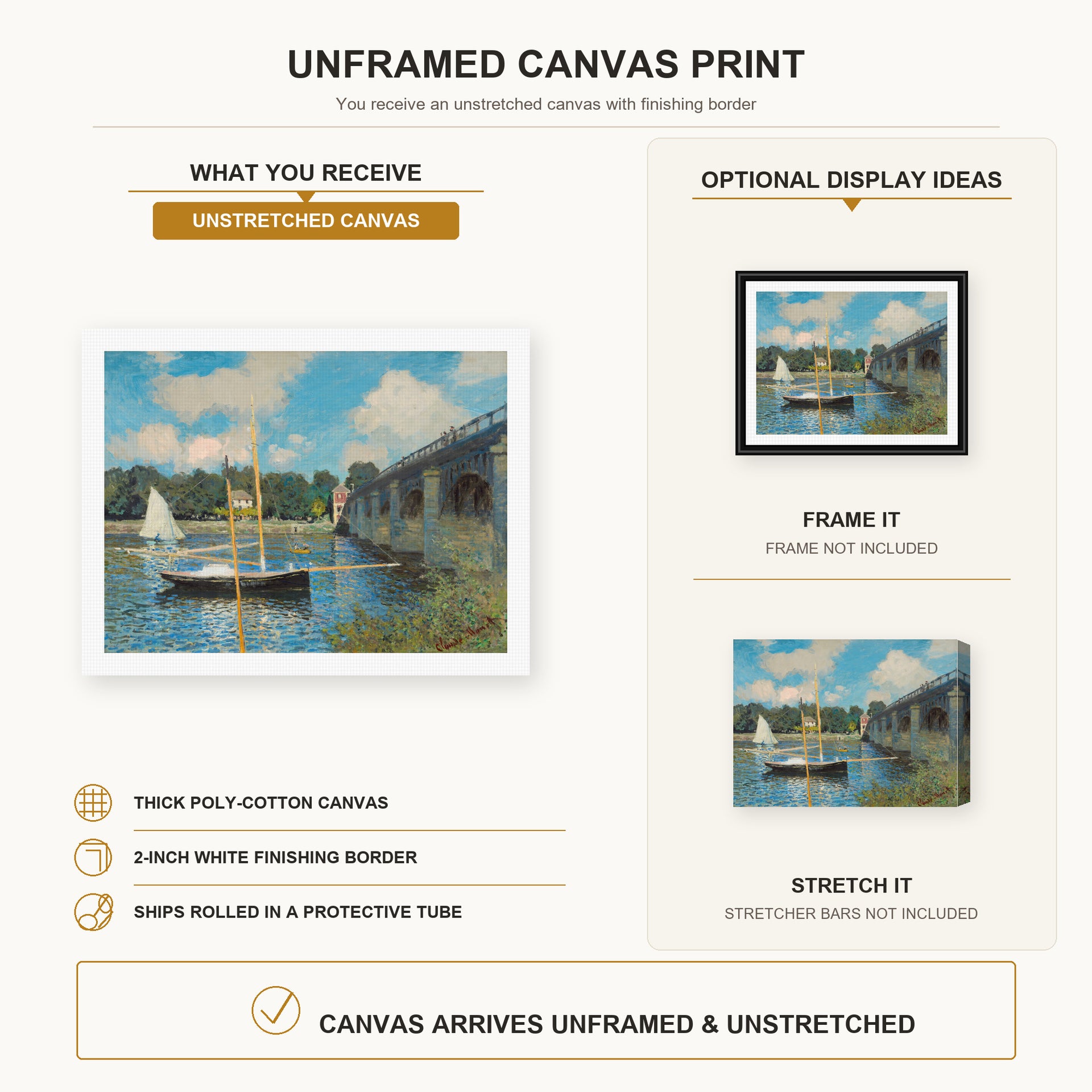 Claude Monet - The Bridge at Argenteuil canvas print size comparison and framing display infographic