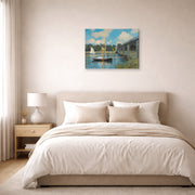 Gallery-wrapped canvas print of Claude Monet's 'The Bridge at Argenteuil' displayed on a wall in a bedroom