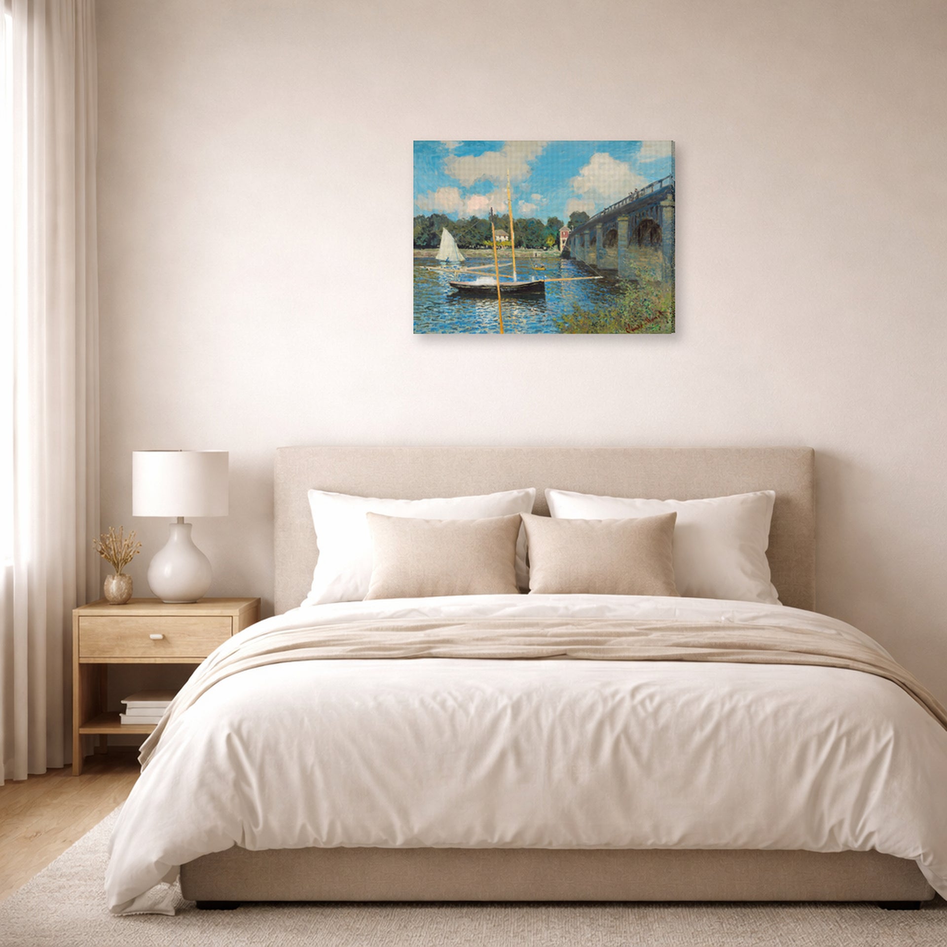 Gallery-wrapped canvas print of Claude Monet's 'The Bridge at Argenteuil' displayed on a wall in a bedroom