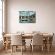 Gallery-wrapped canvas print of Claude Monet's 'The Bridge at Argenteuil' displayed on a wall in a dining room