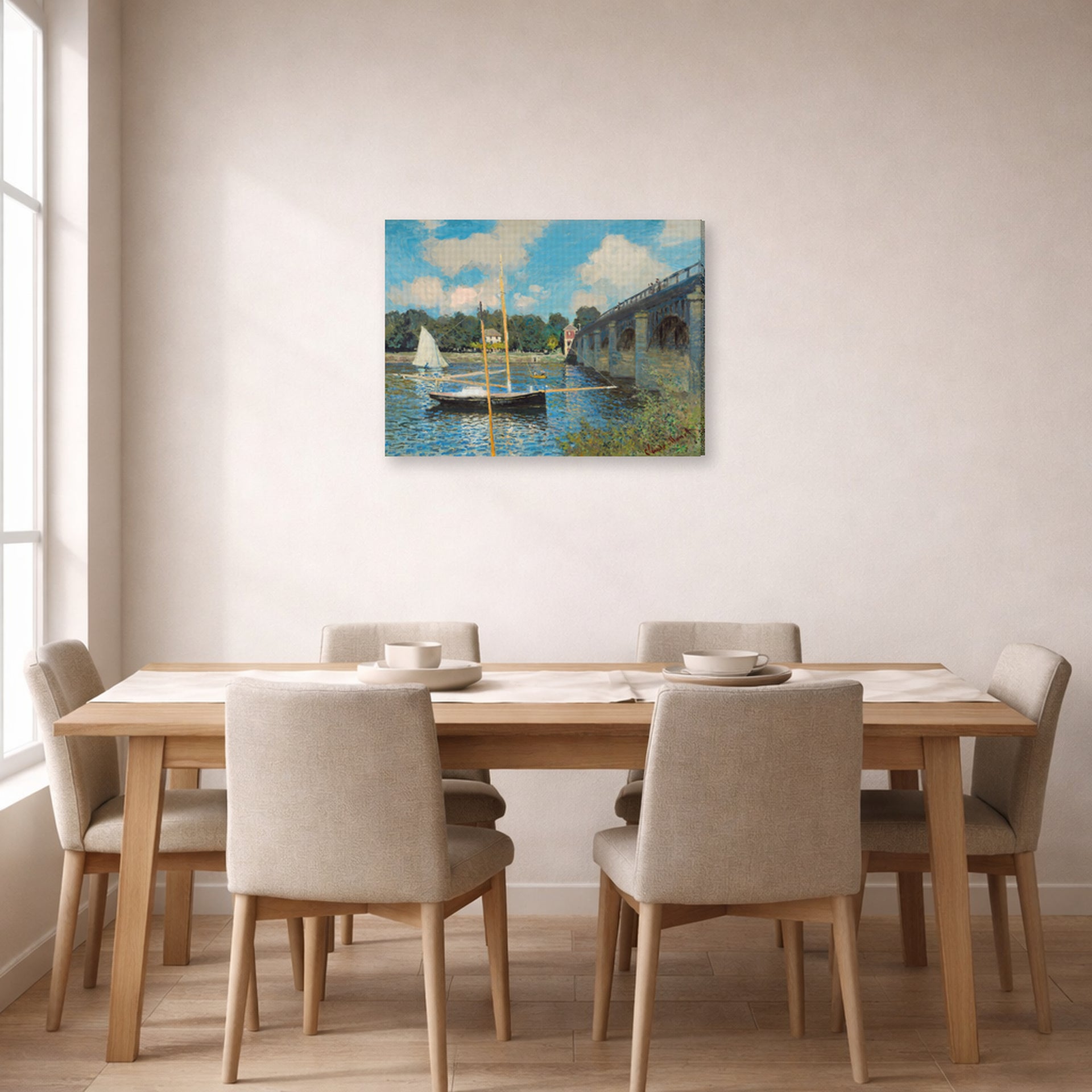 Gallery-wrapped canvas print of Claude Monet's 'The Bridge at Argenteuil' displayed on a wall in a dining room