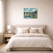 Unframed poster print of Claude Monet's 'The Bridge at Argenteuil' displayed on a wall in a bedroom