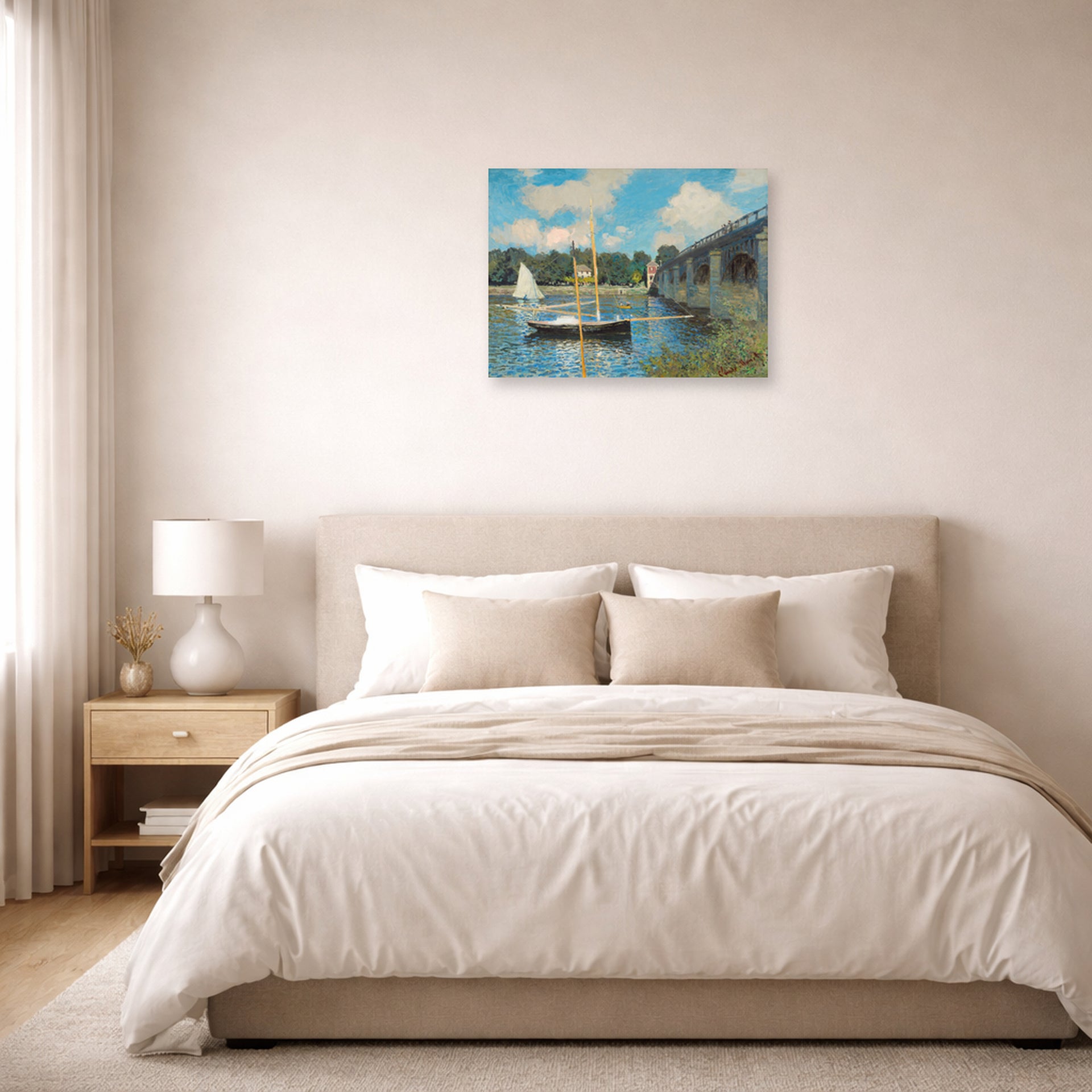 Unframed poster print of Claude Monet's 'The Bridge at Argenteuil' displayed on a wall in a bedroom