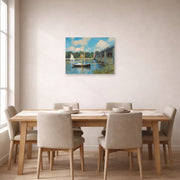 Unframed poster print of Claude Monet's 'The Bridge at Argenteuil' displayed on a wall in a dining room