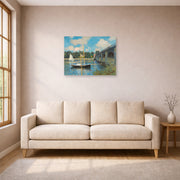 Unframed poster print of Claude Monet's 'The Bridge at Argenteuil' displayed on a wall in a living room