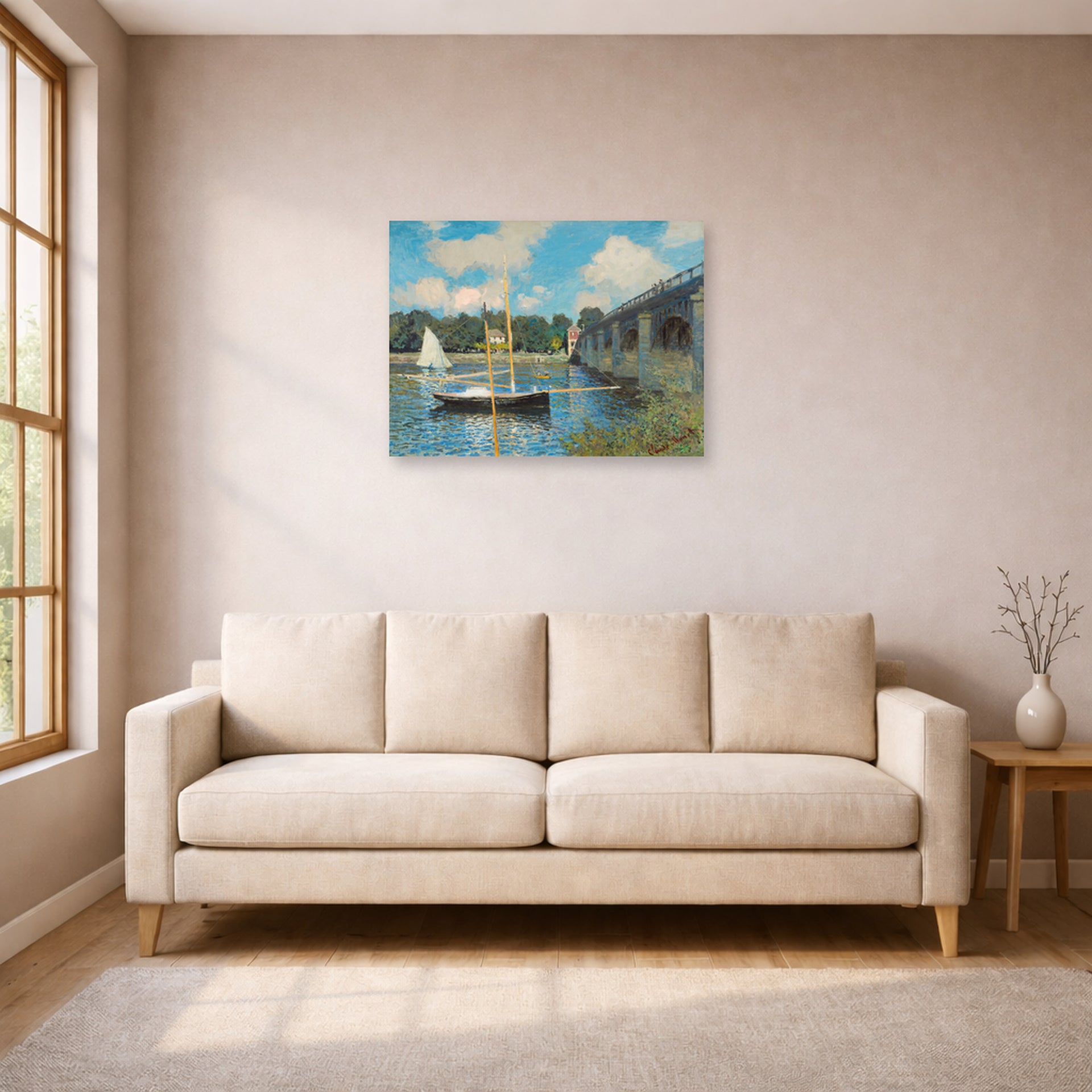 Unframed poster print of Claude Monet's 'The Bridge at Argenteuil' displayed on a wall in a living room