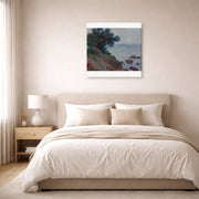 Gallery-wrapped canvas print of Claude Monet's 'The Edges of the Mediterranean, Gray Time' displayed on a wall in a bedroom