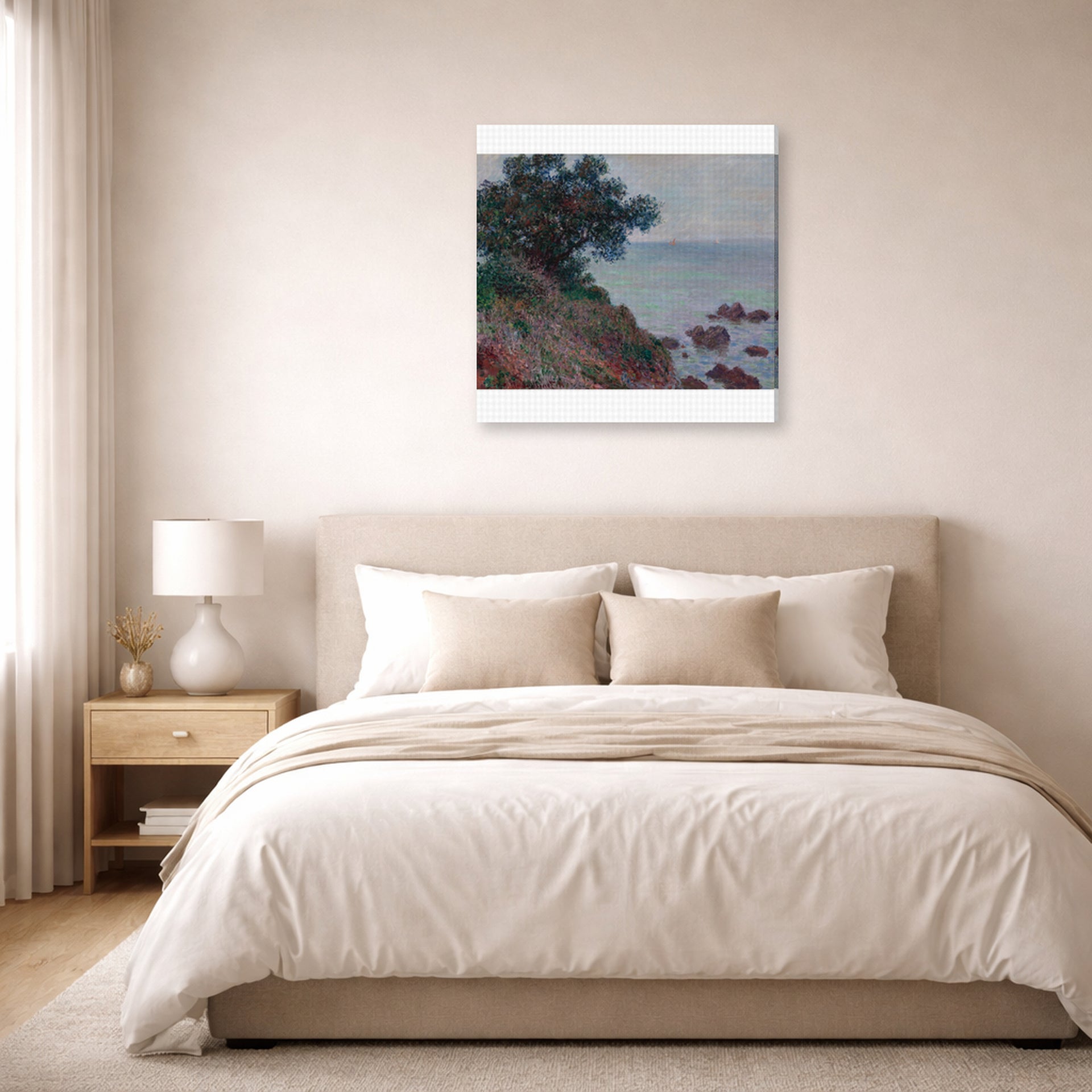 Gallery-wrapped canvas print of Claude Monet's 'The Edges of the Mediterranean, Gray Time' displayed on a wall in a bedroom