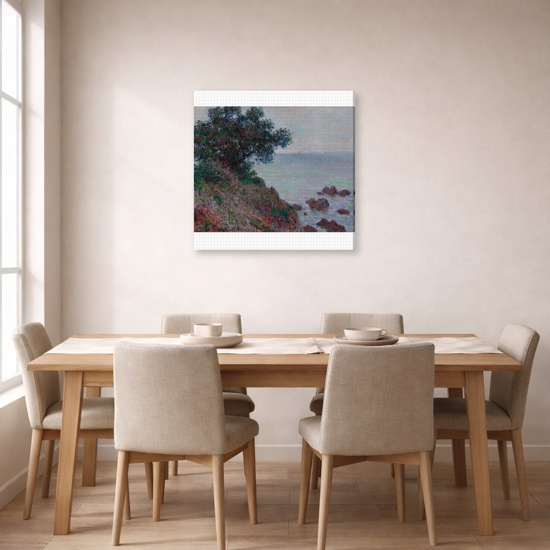 Gallery-wrapped canvas print of Claude Monet's 'The Edges of the Mediterranean, Gray Time' displayed on a wall in a dining room