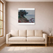 Gallery-wrapped canvas print of Claude Monet's 'The Edges of the Mediterranean, Gray Time' displayed on a wall in a living room