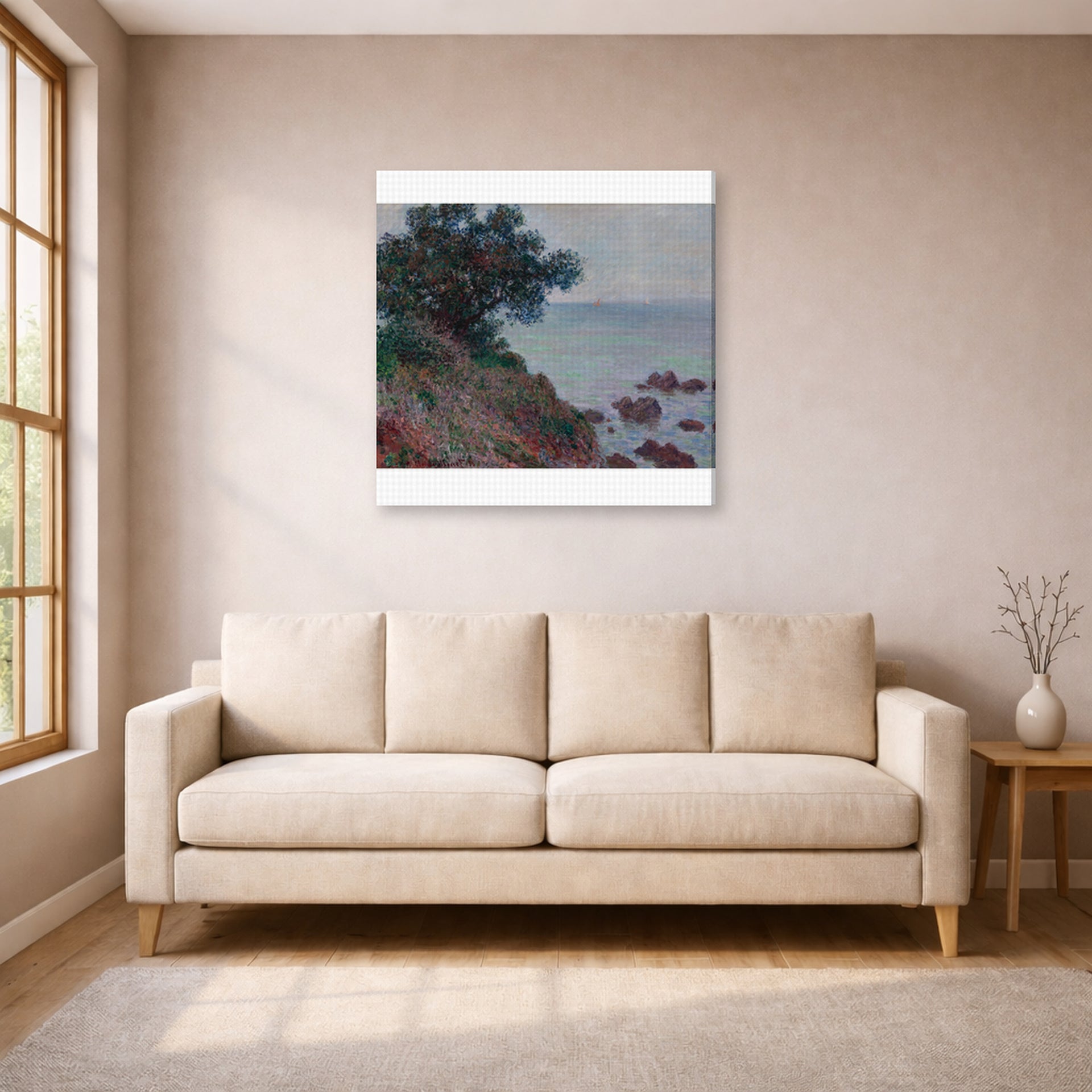 Gallery-wrapped canvas print of Claude Monet's 'The Edges of the Mediterranean, Gray Time' displayed on a wall in a living room
