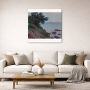 Gallery-wrapped canvas print of Claude Monet's 'The Edges of the Mediterranean, Gray Time' displayed on a wall in a living room