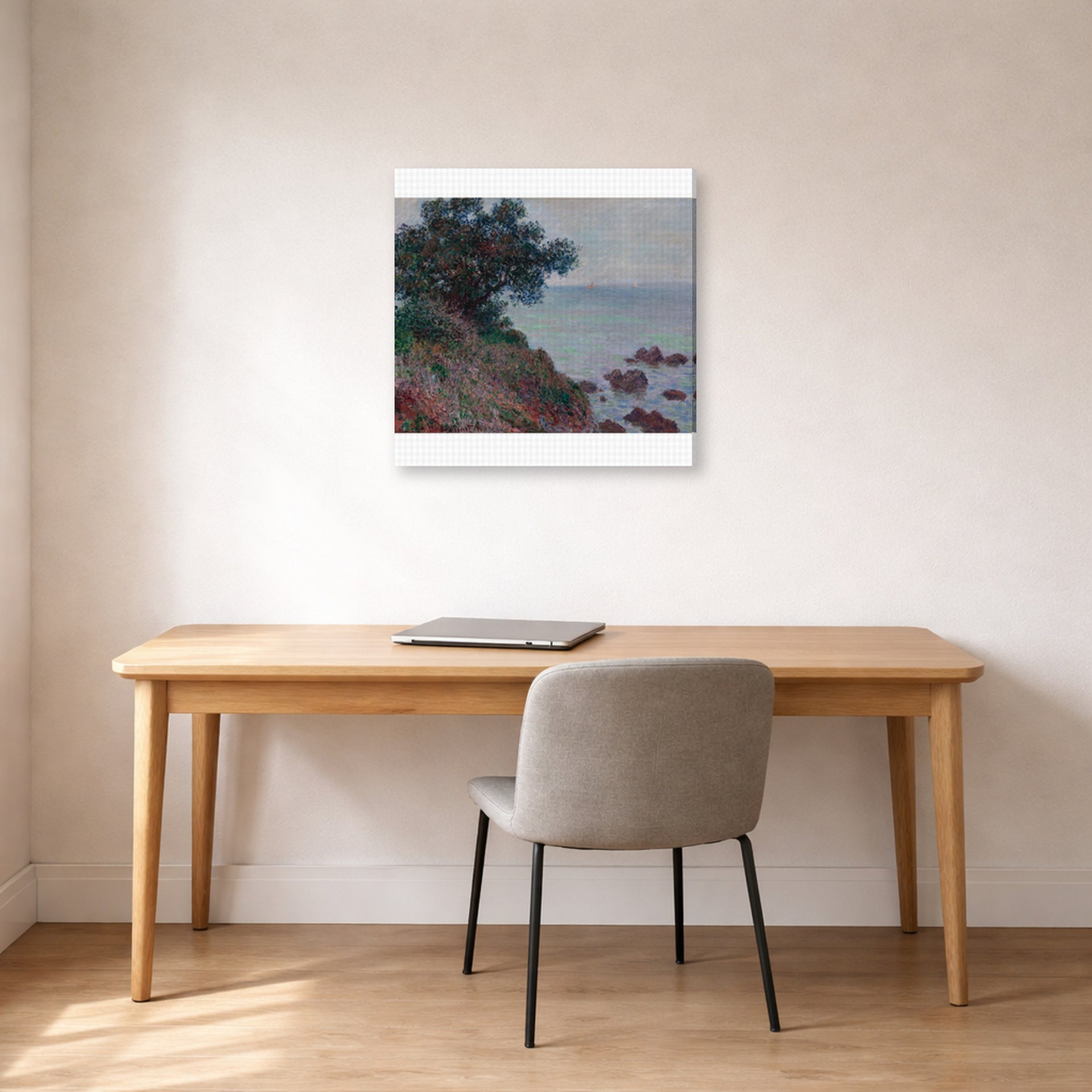 Gallery-wrapped canvas print of Claude Monet's 'The Edges of the Mediterranean, Gray Time' displayed on a wall in a office
