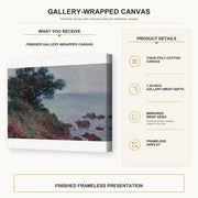 Claude Monet - The Edges of the Mediterranean, Gray Time gallery wrap canvas construction and hanging details infographic